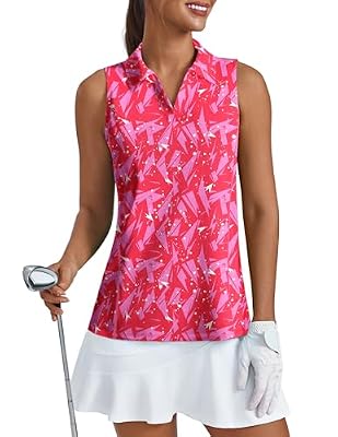 PINSPARK Polo Shirts for Women UPF 50+ V Neck Golf Shirt Sleeveless Quick Dry Workout Tank Tops Lightweight Athletic Pickleball Shirts Golf Clothes,Geometry Pink M