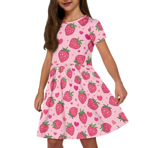 Image of Girls Dress with Pockets Basic Short Sleeve High Waist Swing Skater Dress School Party Dress for Kids