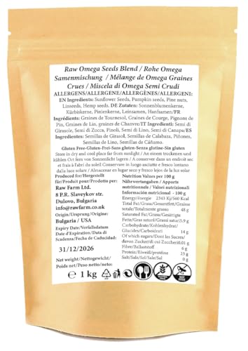 Raw Farm - Rohe Kernemischung Natur 5 Sorten 1kg - Kürbiskerne, Sonnenblumenkerne, Leinsamen, Pinienkerne und Hanfsamen – gluten- und sojafrei – ideal für Smoothies, Salate, zum Backen und Naschen