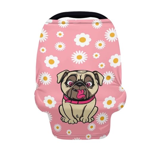 Image of Forchrinse Pug Daisy Car Seat Cover for Babies Soft Breathable Breastfeeding Nursing Cover Infant Carseat Canopy Stroller Cover Easy Install