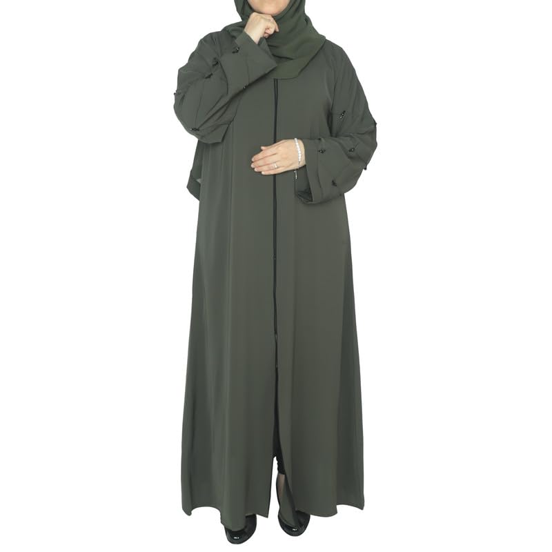 YUYINA Women's Elegant Front Open Abaya with Buttons | Thread Work and Black Beads on Sleeves | Matching Head Scarf | Everyday/Office Wear|Nida Korean| Moss Green| Made in UAE-picture-59