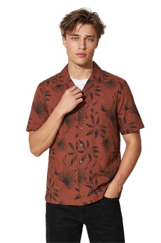 Image of Peter England Men's Cotton Blend Classic Fit Floral Print Casual Shirt | Cuban Collar, Half Sleeves | Casual Wear