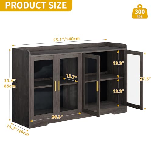 DWVO 55'' Sideboard Buffet Cabinet, Bar Cabinet with LED Light, Doors & Adjustable Shelves for Kitchen, Dining Room, Living Room, Charcoal Grey