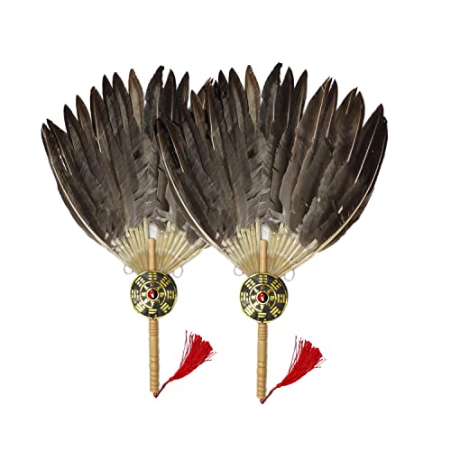 Bwinka 2 abanicos de plumas retro chinos hechos a mano, abanico de Kongming Fan Zhuge Liang, abanico de plumas de ganso Bagua