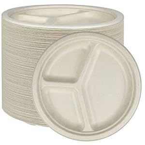 NYHI Heavy Duty Plates | 10 Inch Disposable Plates For Adults & Kids | Brown Eco Friendly Sugarcane Paper Plates Are Cut & Leak Resistant | 125 Pack (3 compartment)