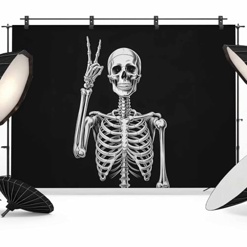 Skull Backdrops for Photography, Vintage Abstract Rock and Roll Skeleton Hand Peace Gesture Fabric Photo Background Sturdy Studio Props for Photo Studio, Video Recording, Booth & Photoshoot 7x5ft