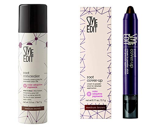 Style Edit Root Concealer Spray And Root Cover Up Stick, to Cover Up Roots And Gray Hair, Medium Brown hair color.