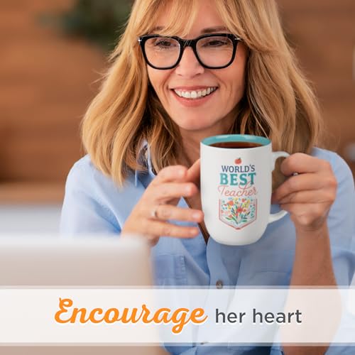 Image of Christian Art Gifts Floral Ceramic Coffee Mug - 15 oz. Microwave and Dishwasher-safe Inspirational Scripture Coffee and Tea Mug for Teachers with Bible Verse: World's Best Teacher - Ecclesiastes 2:26