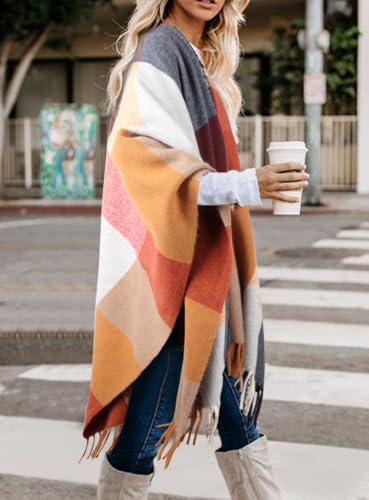 Image of Bestshe Women's Boho Open Front Poncho Plaid Shawl Wrap Cape | Tassel Cardigan Sweater, Cozy Layering, Fall Winter Clothes for Women