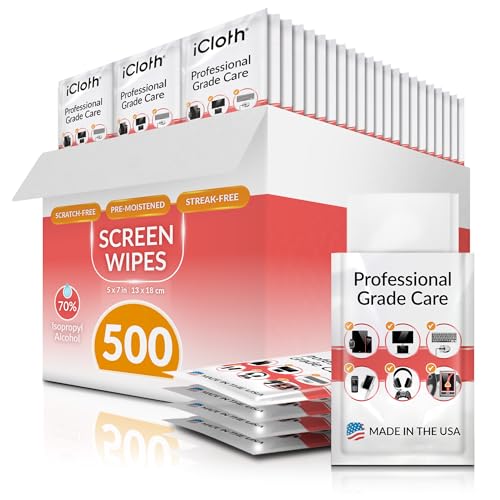 iCloth 70% Isopropyl Alcohol Large Screen and Electronics Wipes, Lint-Free, Streak-Free, Fast-Drying, Removes Dust and Fingerprints (500 Wipes)