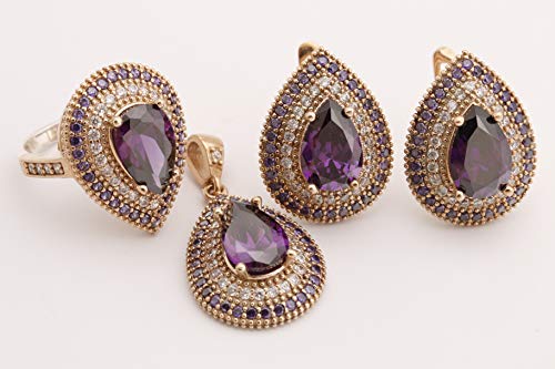 Turkish Handmade Jewelry Small Drop Shape Pear Cut Amethyst and Round Cut Topaz 925 Sterling Silver Jewelry Set Earrings,Pendant and Ring Size Option