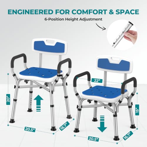 Image of Shower Chair for Inside Shower with Arms & Back, 550 lbs, 6 Heights | Dual Crossbar Frame, Non-Slip Feet, 22-Inch EVA-Cushioned Seat, Showerhead Holder, Rust-Resistant Aluminum, Tool-Free Setup