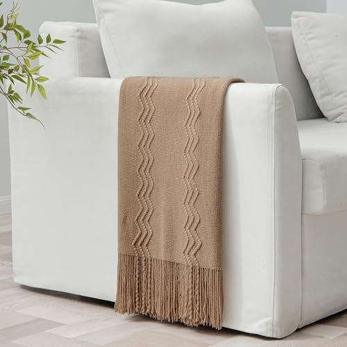 MIULEE タン トープ ニット スローブランケット カウチ用 テクスチャード加工 ニットブランケット タッセル付き 居心地の良い織物 ボーホー ベッド ブランケット ソファベッドチェア用 アクリルウェーブパターン 50インチx60インチ