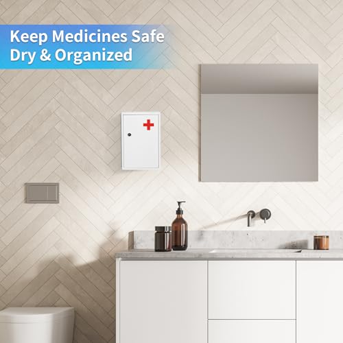 Botiquín de pared con cerradura, organizador compacto de acero para primeros auxilios, caja vacía para almacenamiento en baño, cocina o armario, 12,6 x 8,5 x 3,1 pulgadas, blanco miniatura 6