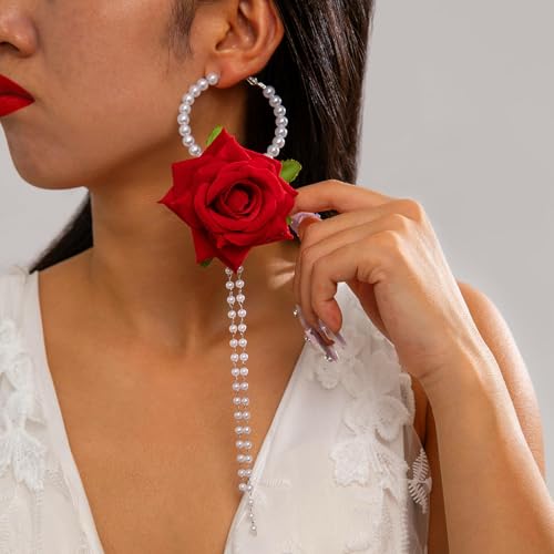 Pendientes Largos con borlas y Flores de Resina Americana, Pendientes de Perlas de imitación de diseño de de Alta Gama para mujer-27733-rojo