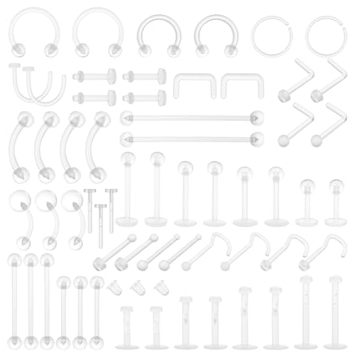 Neyauo 60 Stück Plastik Piercing Schmuck Kit für OP, Klare Acryl Piercing Retainers, Platzhalter für Nase Zunge Nippel Brustwarze Bauch Lippen Labret Septum Hoops Ohr Knorpel