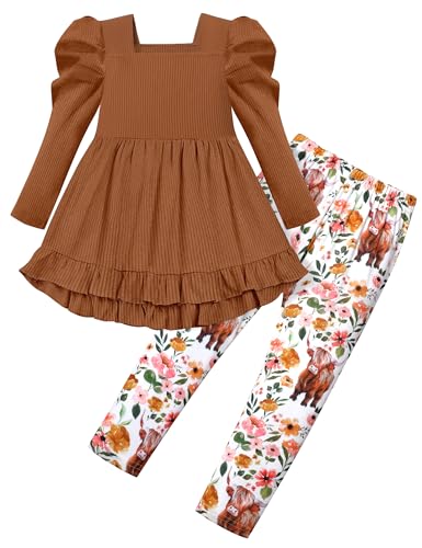 Qaoerde Toddler Girls Clothes Size 5 Size 6 Square Neck Ruffle Hem Long Sleeve Top Floral Print Leggings 2Pcs Fall Winter Kids Clothing Sets Toddler Girl Outfits Thanksgiving Brown
