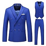 Men's 3 Piece Suit Slim Fit Double Breasted Tuxedo Suits for Men Solid Blazer Pants Vest Suit Set for Wedding Casual Business RoyalBlue XX-Large