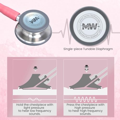 Image of MaiWieel-Classic Monitoring Stethoscope Professional Dual Head Pearl Pink Stethoscopes For Nurse,Doctor,Vet,Home Medical,EMT,Double-Sided Stainless Chestpiece,Flexible Tubing & Soft Sealing Eartips (Pink)