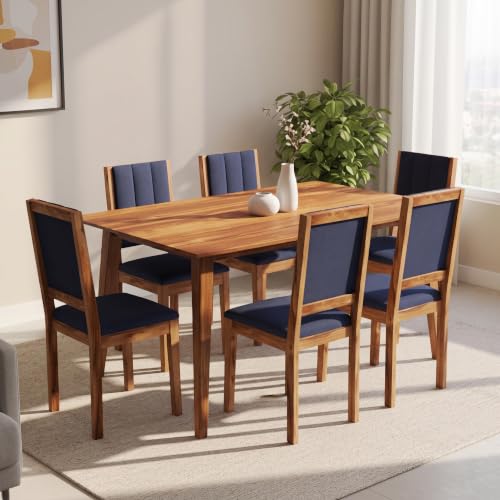 Image of Sheesham Wood Dining Table 6 Seater | Wooden Six Seater Dinning Table with Blue Cushion Chairs | Dinner Table 6 Seater | Dining Room Sets | Natural Finish