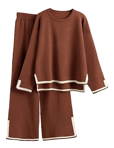 Image of Tanming Women's 2 Piece Outfits Long Sleeve Knit Sweater Top Wide Leg Pants Lounge Sets Tracksuits