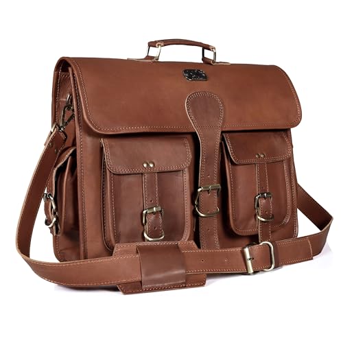 18 Inch Buffalo Leather Laptop Briefcase for Men Vintage Handmade
