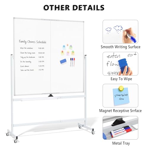 Image of Large Rolling Whiteboard on Wheels, 48 inch x 48 inch Double-Sided Mobile White Board with Stand, 4' x 4' Portable Standing Magnetic Dry Erase Board Easel for Home Office Classroom School, Silver