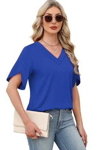Image of WIHOLL Womens Summer Tops Short Petal Sleeve Shirts Fashion V Neck Womens Clothing