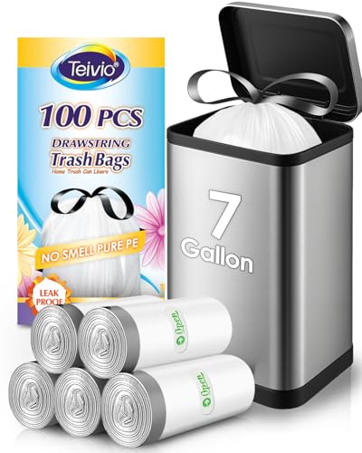 Image of 7 Gallon Small 100 Counts Strong Drawstring Trash Bags Garbage Bags by Teivio, Bathroom Trash Can Bin Liners, Plastic Bags for home office kitchen, White
