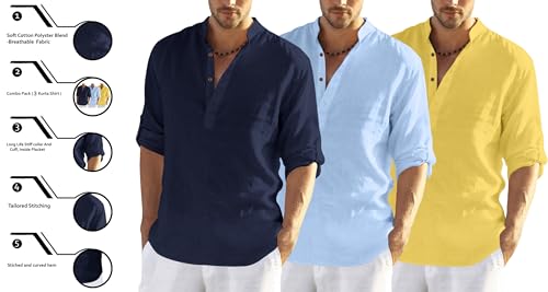 Image of Zombom Combo of Men's Solid Cotton Polyester Blend Full Sleeve Mandarin /Chinese Collor Straight Kurta Shirt (Pack of 3)