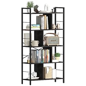 Yoobure 5 Tier Tall Book Shelf, Industrial Bookshelf Storage Bookcase, Open Wood Book Case, Rustic 5 Shelf Display Shelf for Living Room, Modern Standing Book Shelf for Bedroom, Home Office, Kitchen