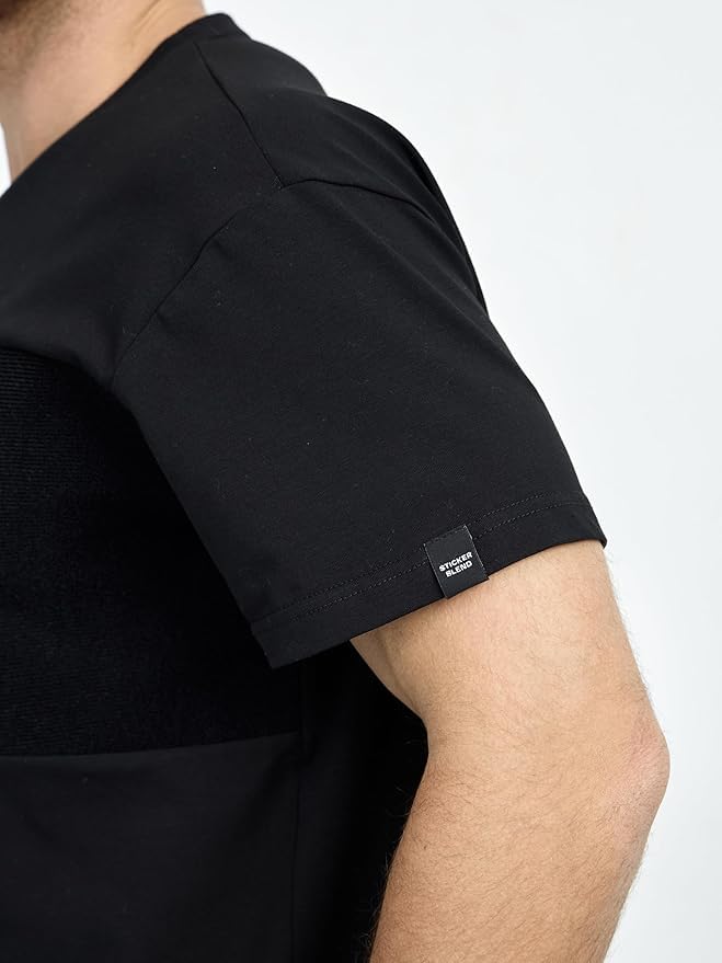Men’s Customizable Black T-Shirt with Patches Area, Medium, Regular Fit, Boat Neck, Soft Cotton-Lycra Blend for Personalization
