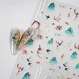 5D Embossed Phoenix Nail Stickers Swallow Nail Art Stickers Self-Adhesive Mountain Nail Decals Chinese Style for Nail Art Green Nail Supplies Spring Stickers for Women Girls DIY Manicure
