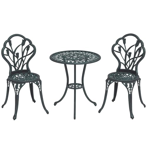 Outsunny Ensemble Salon de Jardin 2 Places 2 chaises + Table Ronde Fonte d&rsquo;aluminium Imitation Fer forgé Vert