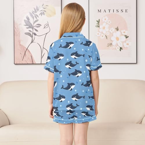 Cartoon Killer Whale Summer Satin Pajama Set, Cute Button-Down Sleepwear Pj Set for Sleep Wears4