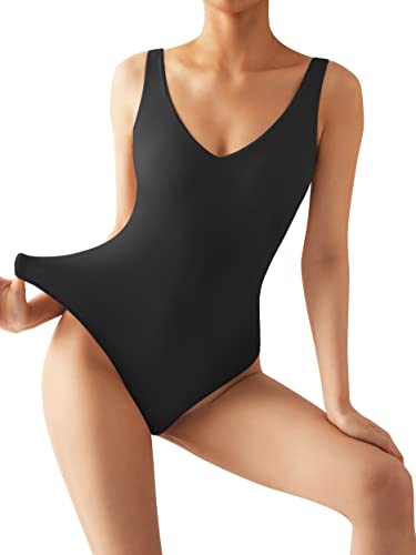 SUUKSESS Women 2 Piece Thong Bodysuit Sexy V Neck Backless Sleeveless Tank Tops Body Suits (Black & Brown, M)