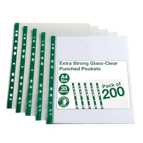 Summit A4 Glass Clear Punched Pockets Pack of 200 Premium Clear Plastic Sheet Protectors Multi-Punched for Ring Binders & Lever Arch Files