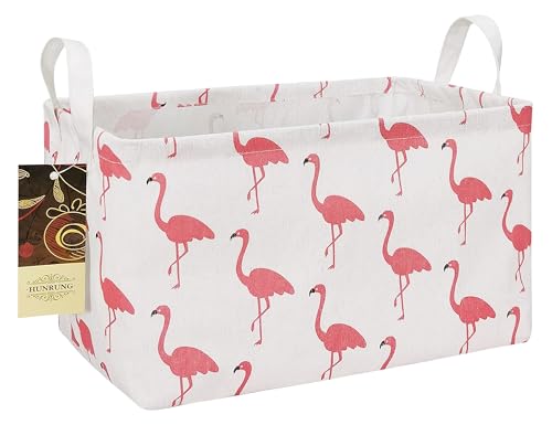 Image of HUNRUNG Rectangle Foldable Storage Basket Handles For Home, Flamingo | Waterproof reinforced handles, perfect for shelf use, organizes clothes, daily items and pet supplies