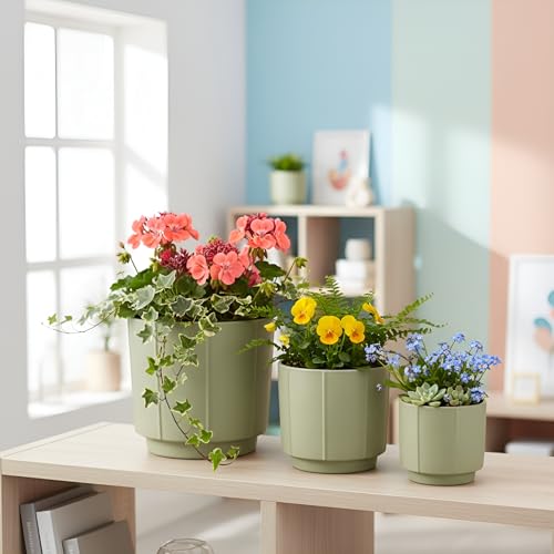 Image of Xtore Verde Ceramic Ribbed Planter Set | Soft-Tone Vertical Groove Plant Pots for Home & Office Decor - (Set of 3, Green, Planter ONLY)