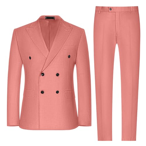 Linen Mens 2 Piece Double Breasted Suit Jacket Blazer Pants Set Slim Fit Casual Wedding Prom Homecoming Tuxedo Suit2