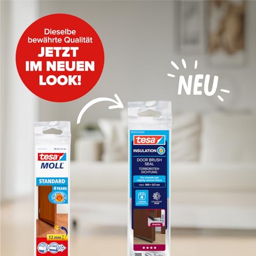 tesa INSULATION Türdichtschiene für glatte Böden - Selbstklebende Türdichtung zum Schutz vor Zugluft - Braun- mit Bürstendichtung bis 12 mm