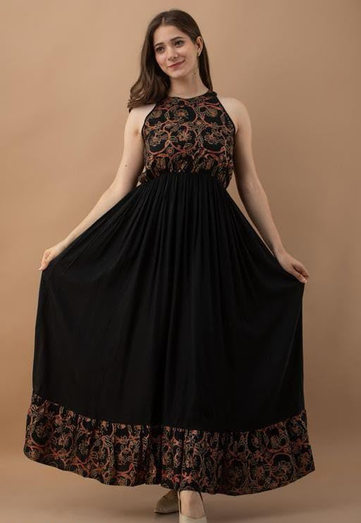 Image of Women's Embroidered Anarkali Maxi Dress | Sleeveless Ethnic Gown with Floral Print | Party Long Flared Dress for Women & Girls