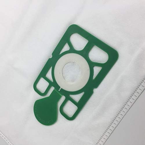 Close-up view of the green and white collar of a vacuum cleaner bag, showing the connection point.