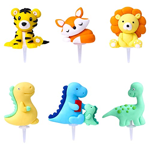 Xihuimay 6Pcs Animal Cake Topper Birthday Set Happy Birthday Topper Handmade Cupcake Topper Including Lovely Dinosaur Tiger Lion Fox Picks For Boys Girls Birthday Party Decoration #TOP7
