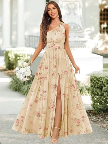 GUKARLEED Women’s Long One Shoulder Bridesmaid Dresses Ruffles Floral Chiffon A-line Wedding Guest Formal Dress with Slit4
