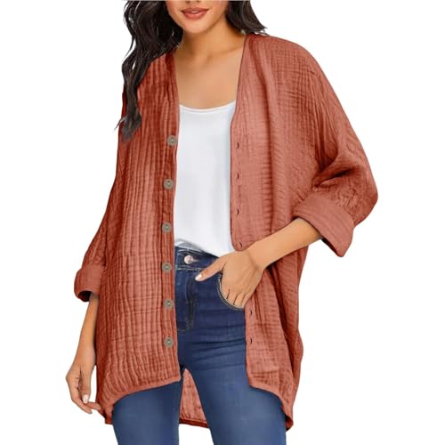 Womens Open Front Cardigan Shirt Soft Cotton Linen 3/4 Sleeve Lightweight Coat Casual Solid Color Button Loose Tops