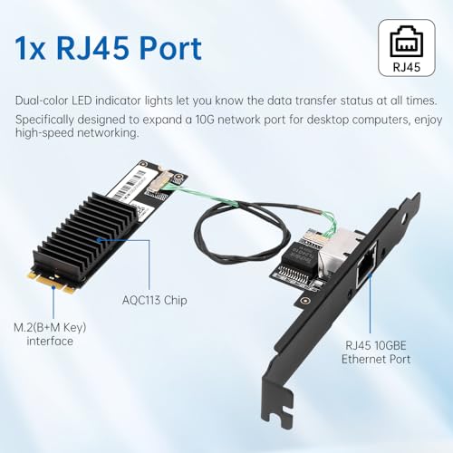FENVI 10G Ethernet Card 10Gb AQC113 Ethernet Network Adapter M.2 B+M NIC with 10Gbe RJ45 Port, Compatible 5G/2.5G/1G for Windows 10/11, Server & Linux,Marvell AQC113 Controller Support NAS and Desktop - Thumbnail 5