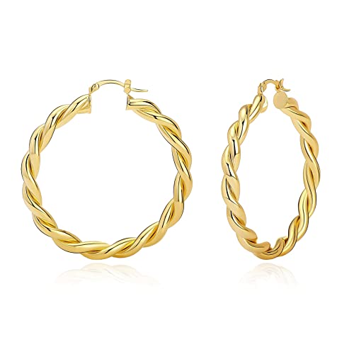 Senteria Boucles d'oreilles Créoles Torsadées en Or 14K Boucles d'oreilles Créoles Epaisses en Argent Doré Grandes Boucles d'oreilles Créoles Epaisses pour Femmes (25/30/40 mm) Cover