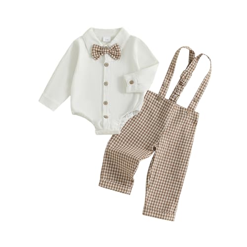 Baby Boy Clothes Set Infant Bow Tie Button Down Shirt Bodysuit Top Suspender Pants 2Pcs Fall Winter Outfit