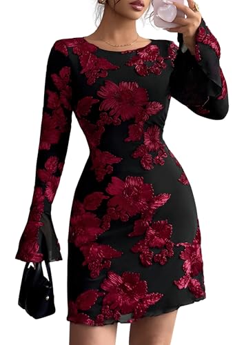 PRETTYGARDEN Women's Floral Embroidered Dress 2025 Fall Long Bell Sleeve Ribbon Flower Mini Short Mesh Bodycon Party Dresses (Floral Black Red,Small)